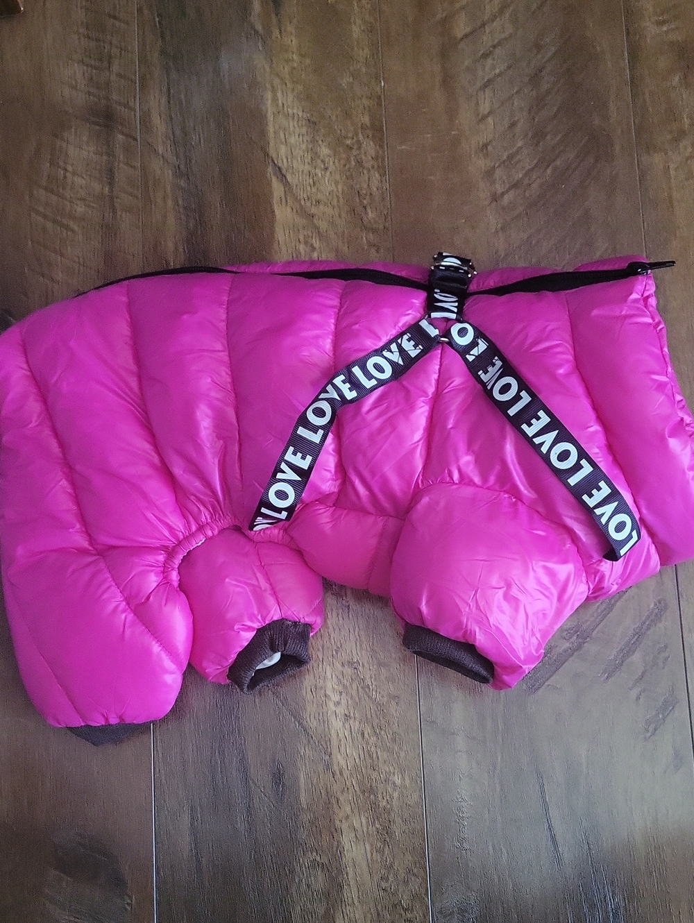 Hot Pink Dog Puffer Coat with Built In Harness LOVE Strap. Size Small.